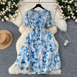 Sexy sweet o neck sequin vintage Three-dimensional Flower Dress Chic Evening Fashion Women summer short sleeve dresses