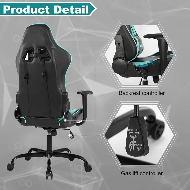 Video Gaming Chair with Headrest and Lumbar Cushion Adjustable Desk Chair for Office and Study  High Backrest (BK/Mint)