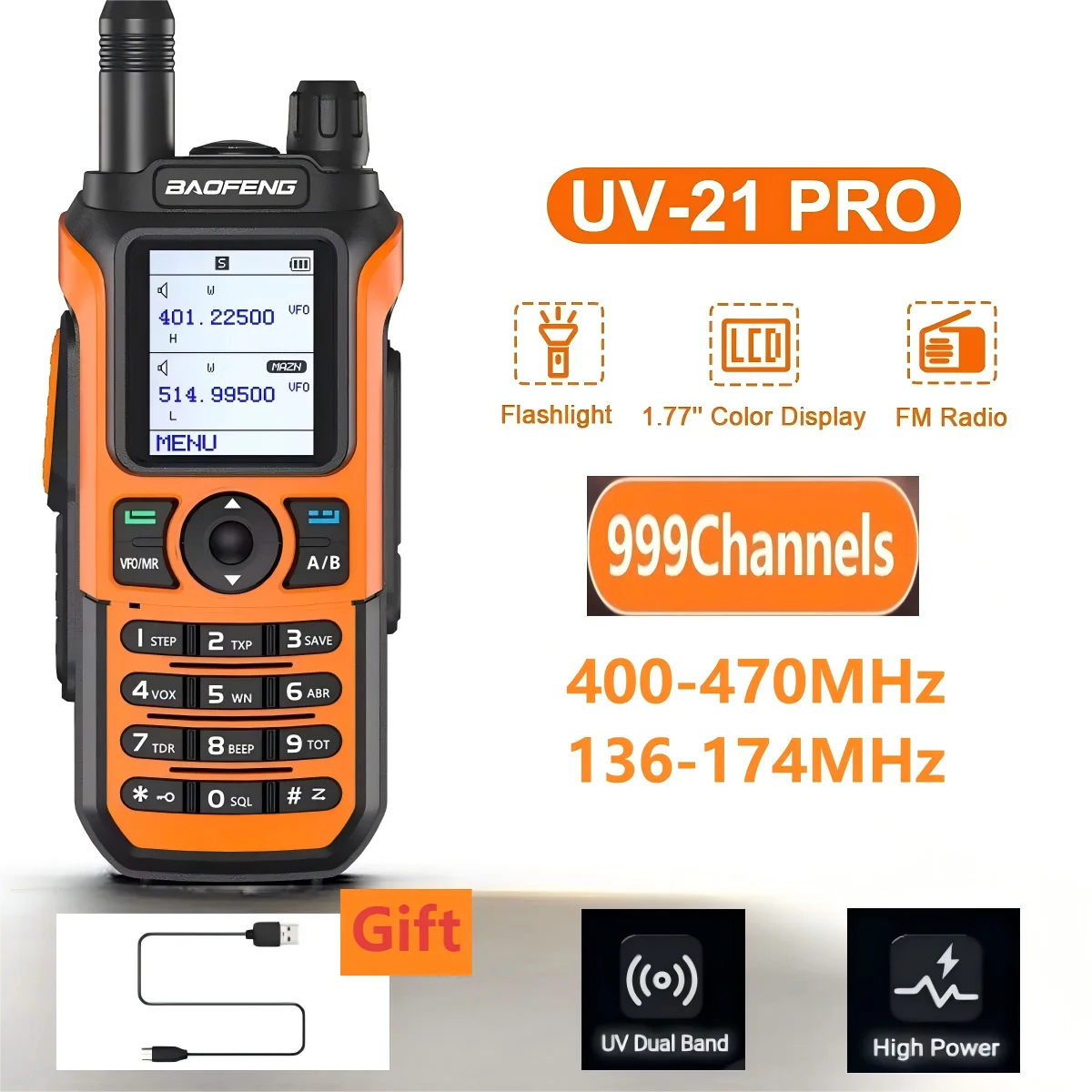 Baofeng UV-21 Pro اسلكية تخاطب ثنائي النطاق 136-174/400-470 ميجا هرتز 999CH FM VOX Type-C شاحن عالية الطاقة مصباح ليد جيب اتجاهين راديو #1
