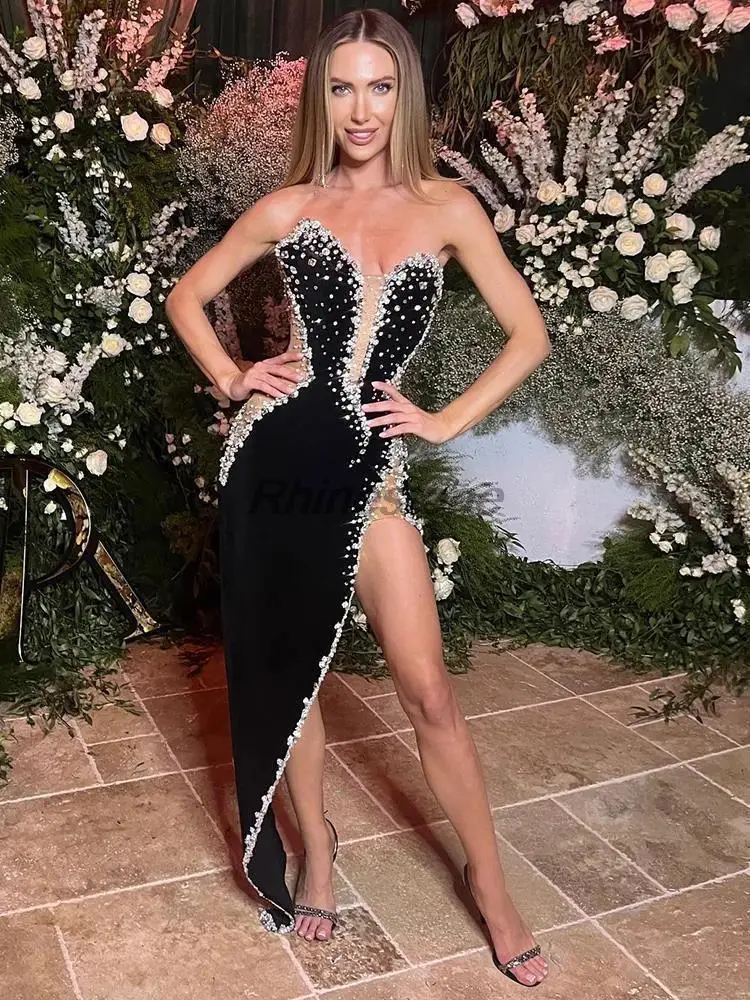 Heiße Mode Luxus funkelnden Diamant sexy niedrige Perspektive hoch geschlitzten träger losen Social ite Party kleid