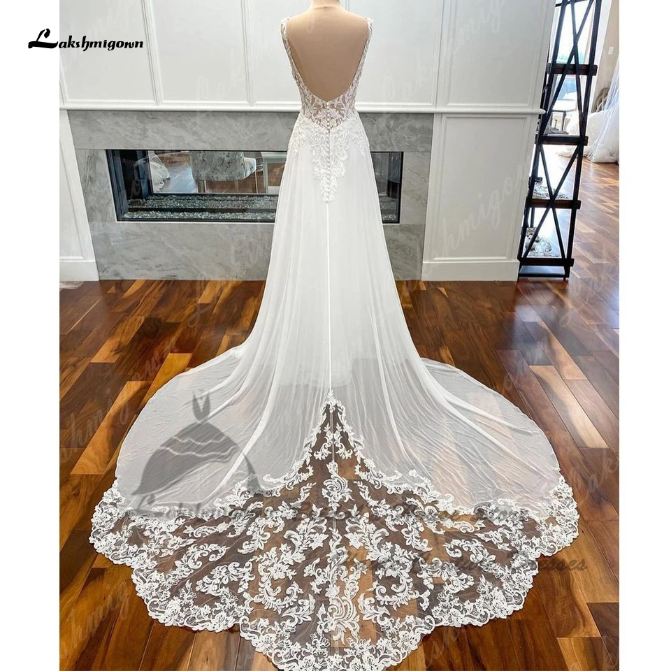 Lakshmigown Luxury Chiffon Long Boho Lace Wedding Dress Customized 2024 Deep V Neck Classic Bridal Beach Wedding Gowns Open Back