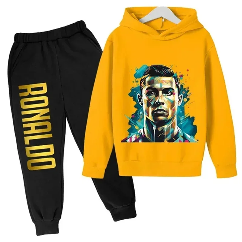 Ronaldo-Ensemble à capuche et pantalon en molleton imprimé pour enfants, vêtements de sport décontractés, automne et hiver, 2 pièces