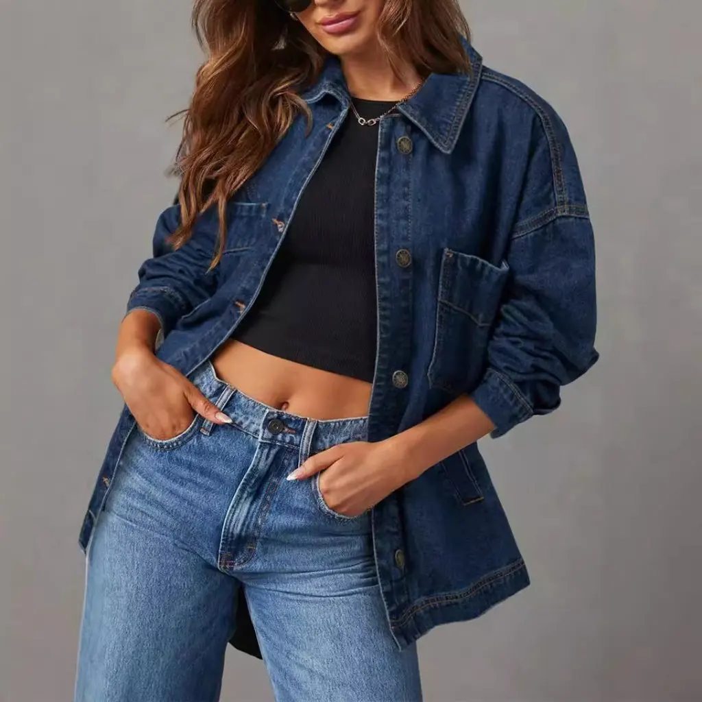 

Women's Long Sleeve Denim Jacket with Large Pockets And Button Detail European American Style Split Design Casual Outerwear