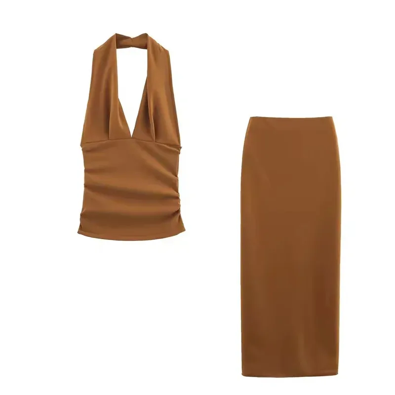 

Summer Casual Fashion Women's Halter Neck Backless Two-Piece Suit Short Top Long Straight Skirt Set