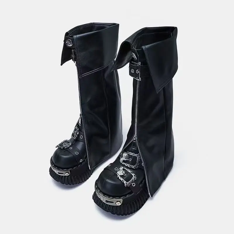 Gothic Punk Women Leg Warmers PU Leather Metal Buckle Zipper Y2K Motorcycle Style Boot Cuff Socks for Party Clubwear - view 5