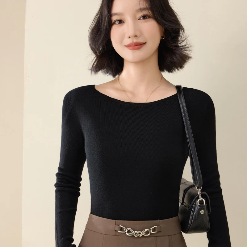 

Autumn Winter Women Sweater One Neck Slim Fit Base Pullover 100% Merino Wool Soft Basic Bottoming Knitwear Clothing Tops