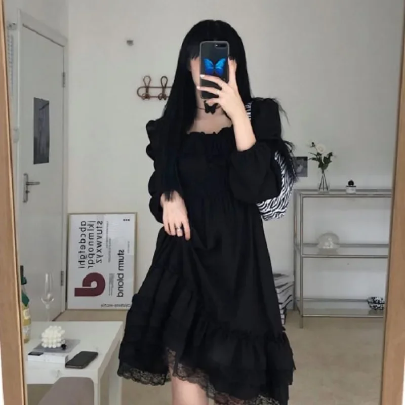 

Long Sleeves Lolita Black Dress Spring Summer Goth Puff Sleeve High Waist Vestidos Vintage Lace Trim Party Gothic Clothes Dress