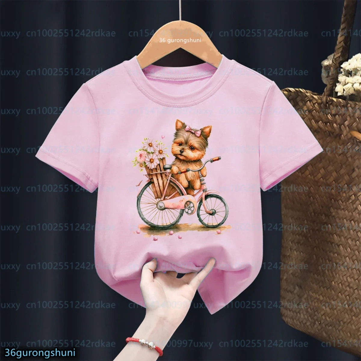 Chihuahua/Yorkie Kawaii Girls T-Shirt Maltese Dog Puppy On Bike Graphic Printing Kids Tshirt Fashion Funny Girls Pink Tshirt