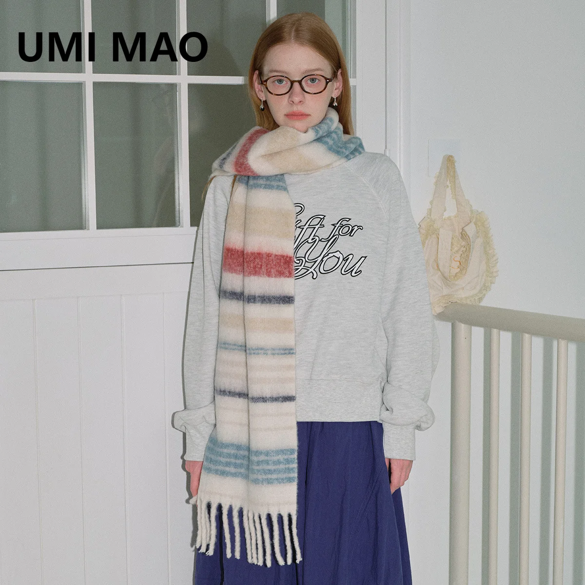 UMI MAO Designer Saturn Stripe With 20% Wool Blended Color Blocked Scarf For Women Autumn And Winter Warm And Soft Touch Neck