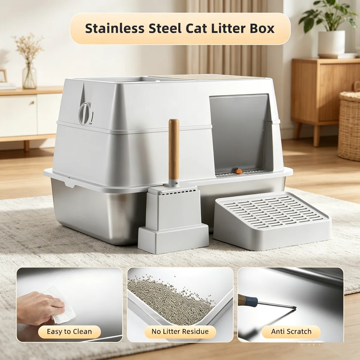 Stainless Steel Litter Box with Lid Extra Large Enclosed Cat Litter Box for Big Cats Dog Proof Front Entry Top Exit Odor Control