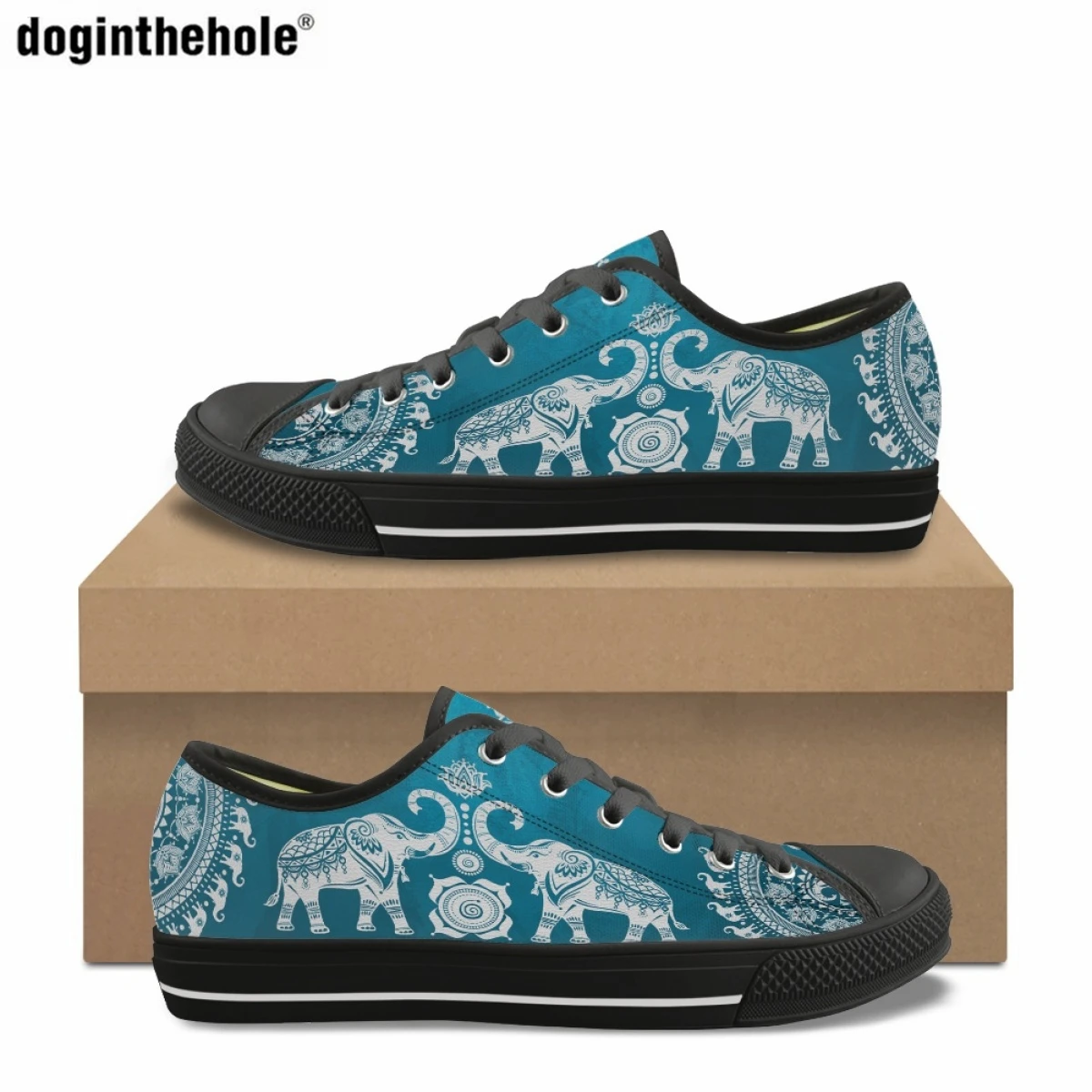 

Doginthehole Polynesian Elephant Print Casual Flat Shoes for Women Classic Low Top Canvas Shoes Outdoor Sports Lace-Up Sneakers