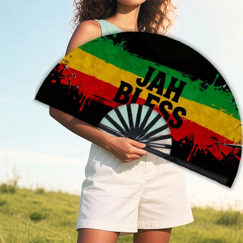 A Handheld Fan for Men, Featuring a Single Piece of with a 'JAH BLESS' Cracked And Rasta Stripe Design, Perfect for Festivals, Raves, Clubs, Concerts, Themed Parties, Cosplay, Costume Additions, Gifts, Room Decoration, And Dance Events