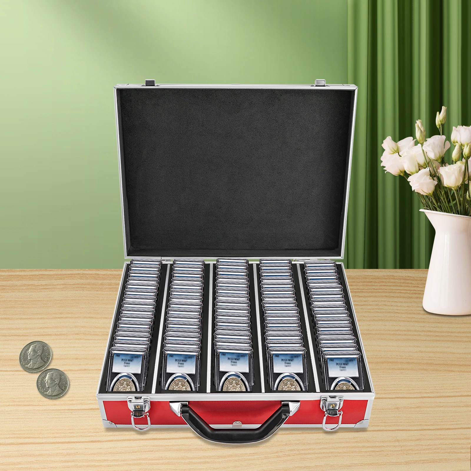 Red Aluminum Alloy Coin Holder - 100 Coins Capacity, Perfect for Collectors