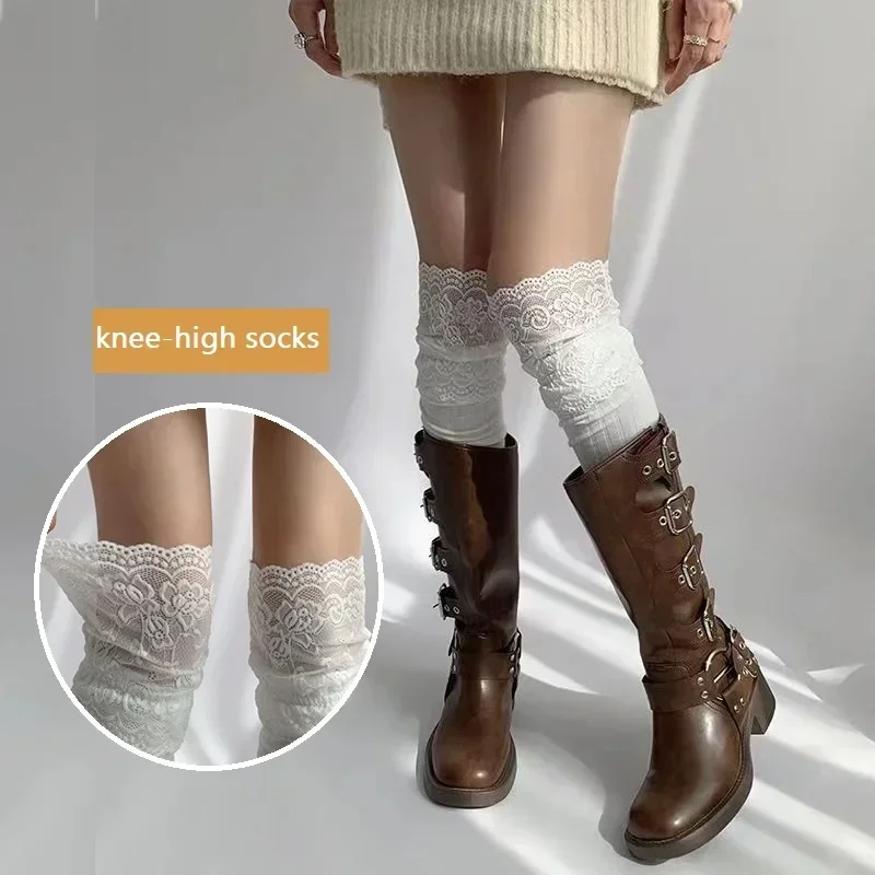 Korean Solid Color Sexy Lace High Stockings Women Girls Thigh High Over The Knee Stockings Lolita Ladies Girls Warm Boot Socks