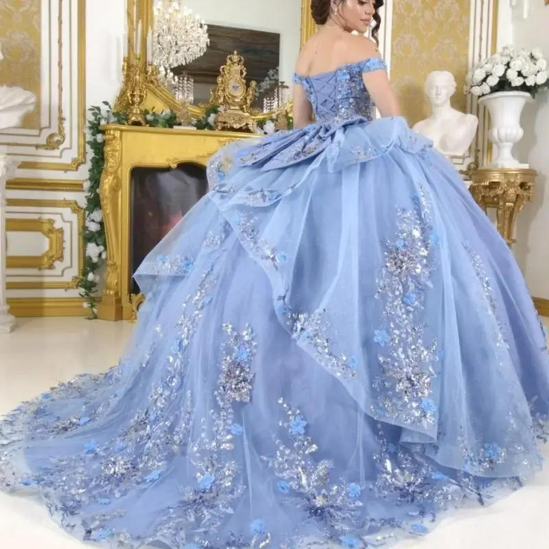 Abiti Quinceanera eleganti con spalle scoperte personalizzati 2025 Abito da festa con applicazioni di fiori 3D Abito da festa lucido 16