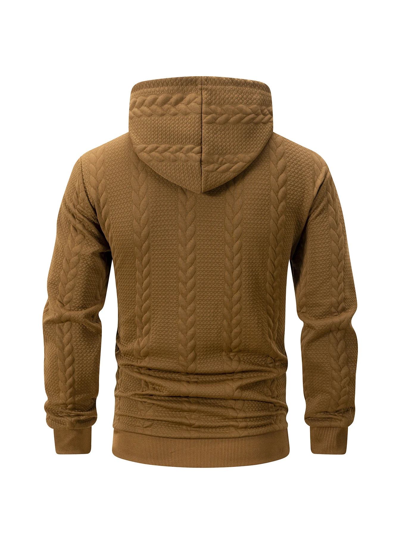 Drawstring Hood Men Full Zip Hooded Sweatshirt Cable Knit Texture Kangaroo Pocket Casual Tops For Daily Working