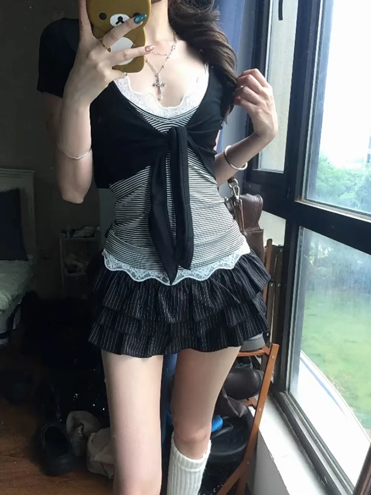 Genayooa Japanische Y2k Zweiteilige Oberteile für Damen, kurzärmelig, schmal geschnitten, mit Schnürung, gestreift, Camis-Tops, koreanischer Stil, T-Shirts, Fairycore – Detail 4