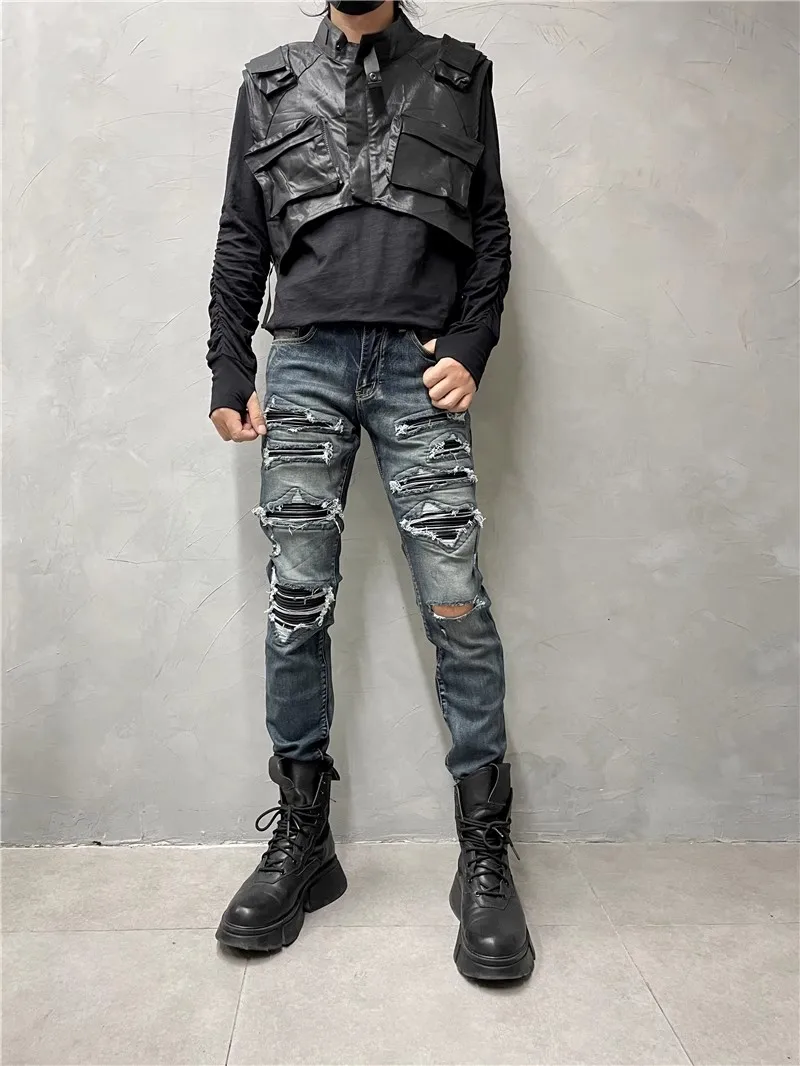 Retro Washed Patch Stretch Jeans Fashion Trend Skinny Broken Holes Pants Personality Boot