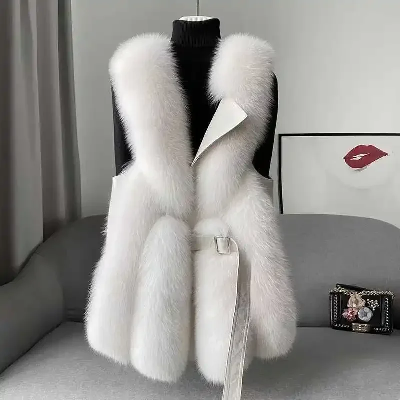 

Thick Faux Fur Vest Jacket for Women Warm Colorblock Winter Maxi Coat Luxury Sleeveless Furry Outerwear for Autumn Streetwear