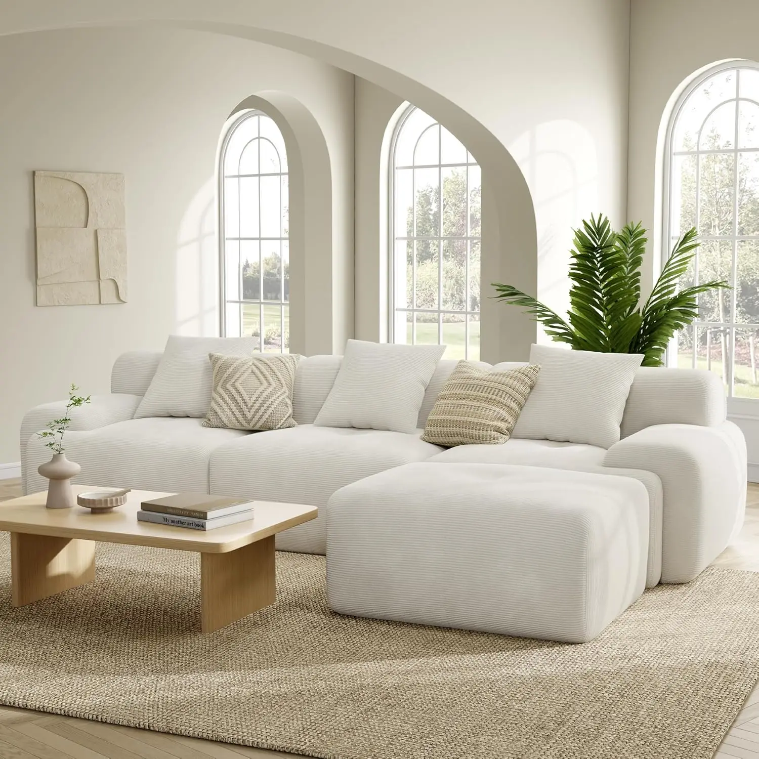 

118" Modular Sectional Sofa with Ottoman, L-Shaped Boneless Couch with Deep Seat for Living Room, Beige