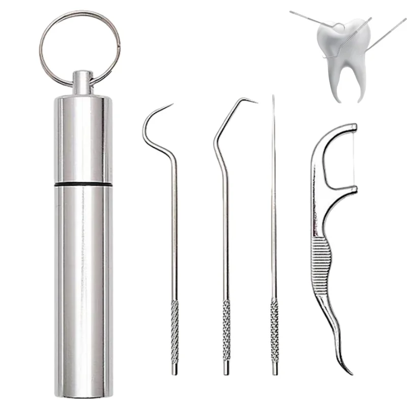 4 قطعة/المجموعة الفولاذ المقاوم للصدأ مسواك فلوسر مجموعة قابلة لإعادة الاستخدام خيط تنظيف الأسنان تخزين صغير مسواك برميل المحمولة تنظيف الأسنان أداة #1