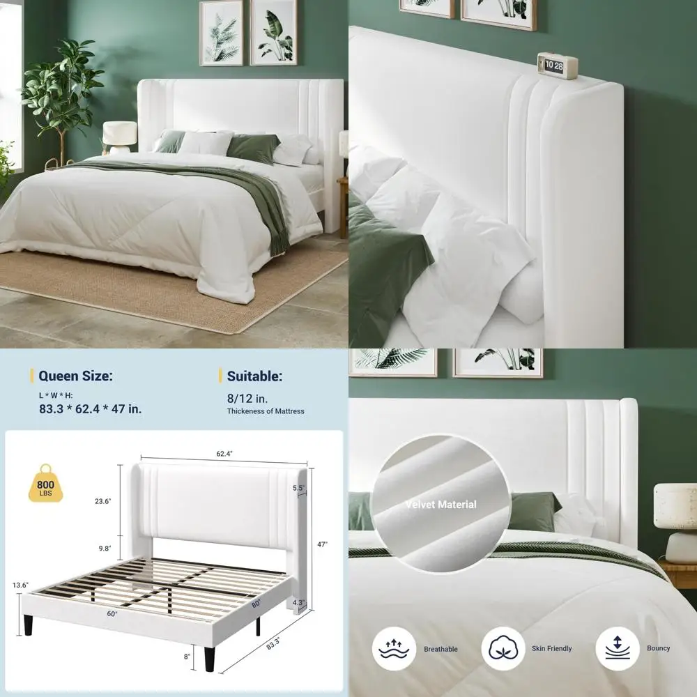 Velvet Queen Size Platform Bed Frame with Vertical Tufted Wingback Headboard, Easy Assembly, Underbed Storage, No Box Spring Nee