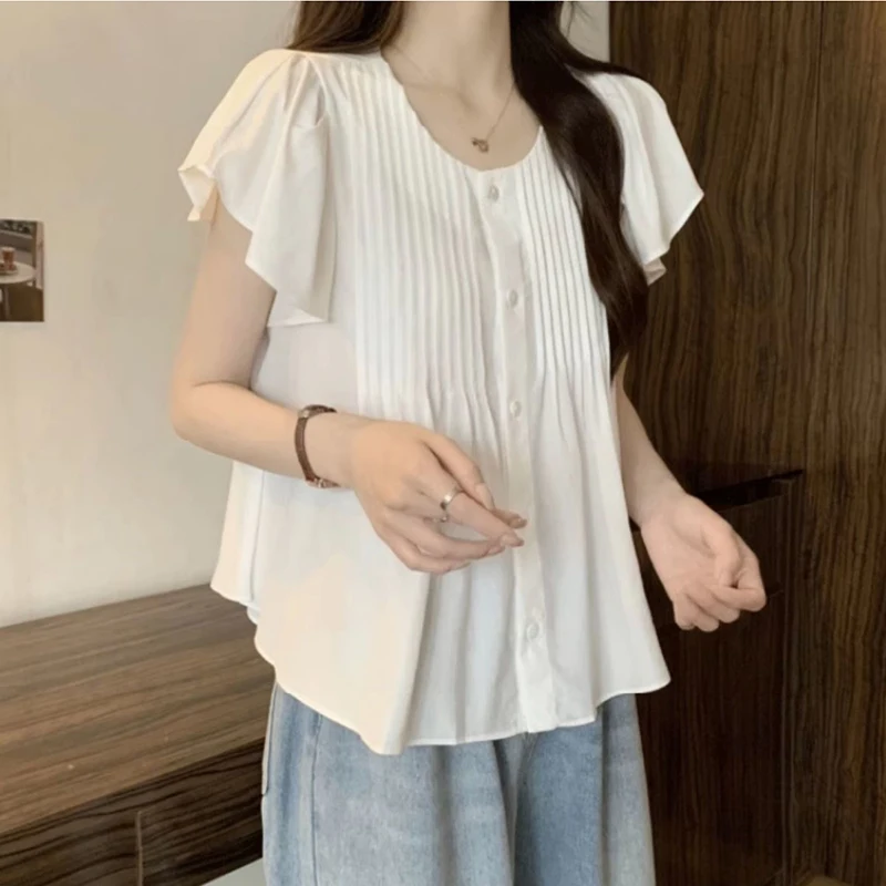 Fashion O-Neck Folds Butterfly Sleeve T-Shirt Female Clothing 2024 Summer New Loose All-match Tops Sweet Solid Color Tee Shirt