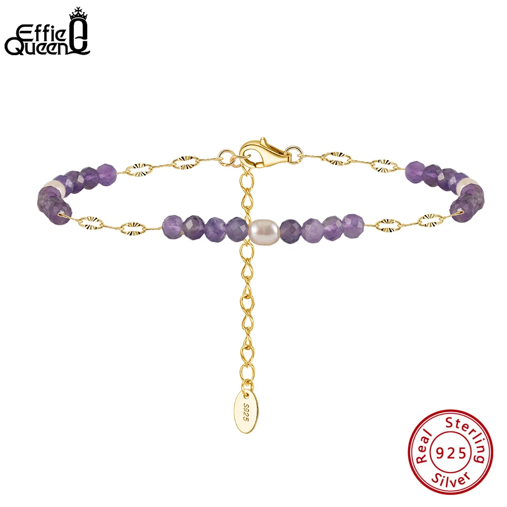 

Effie Queen S925 Silver Women's Summer Natural Stone Turquoise Malachite Amethyst Chain Bracelet with Pearl Dainty Gift MPB14