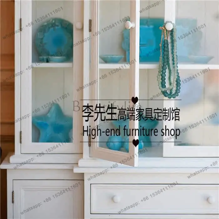 French white solid wood glazed door dining side cabinet American Delanoa style bookcase