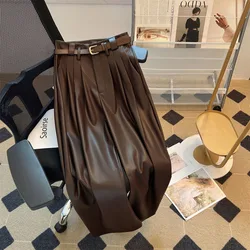 2023 Women Leather Pants High Waist Fashion Wide Leg Pants Autumn  New Straight Tube Pants Women's High Elastic PU Leather Pants