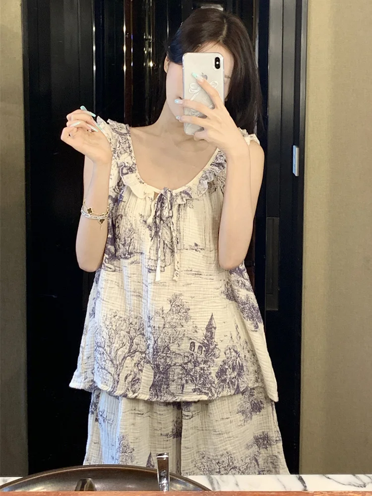 Print Simple Cotton ink and wash Princess Flounce Sleeveless Pajama Set Women Sling Coolness Kawaii Elegant Casual Sleep Tops