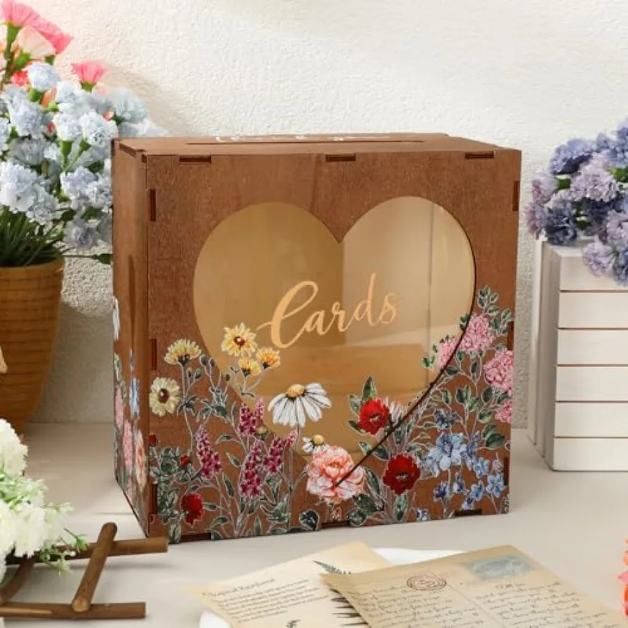

ng wn Wedding Card Box Receon wit eart Acrylic ow Summer nta Wildflower Wooden Gift Card older Graduation Birtday Party Anniv