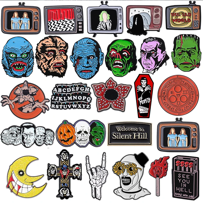 

Sci-fi Horror Movies Collection Enamel Pin Red Cannibal Flowers Monster Head Skull Cross Brooch Lapel Badge Punk Jewelry Gifts