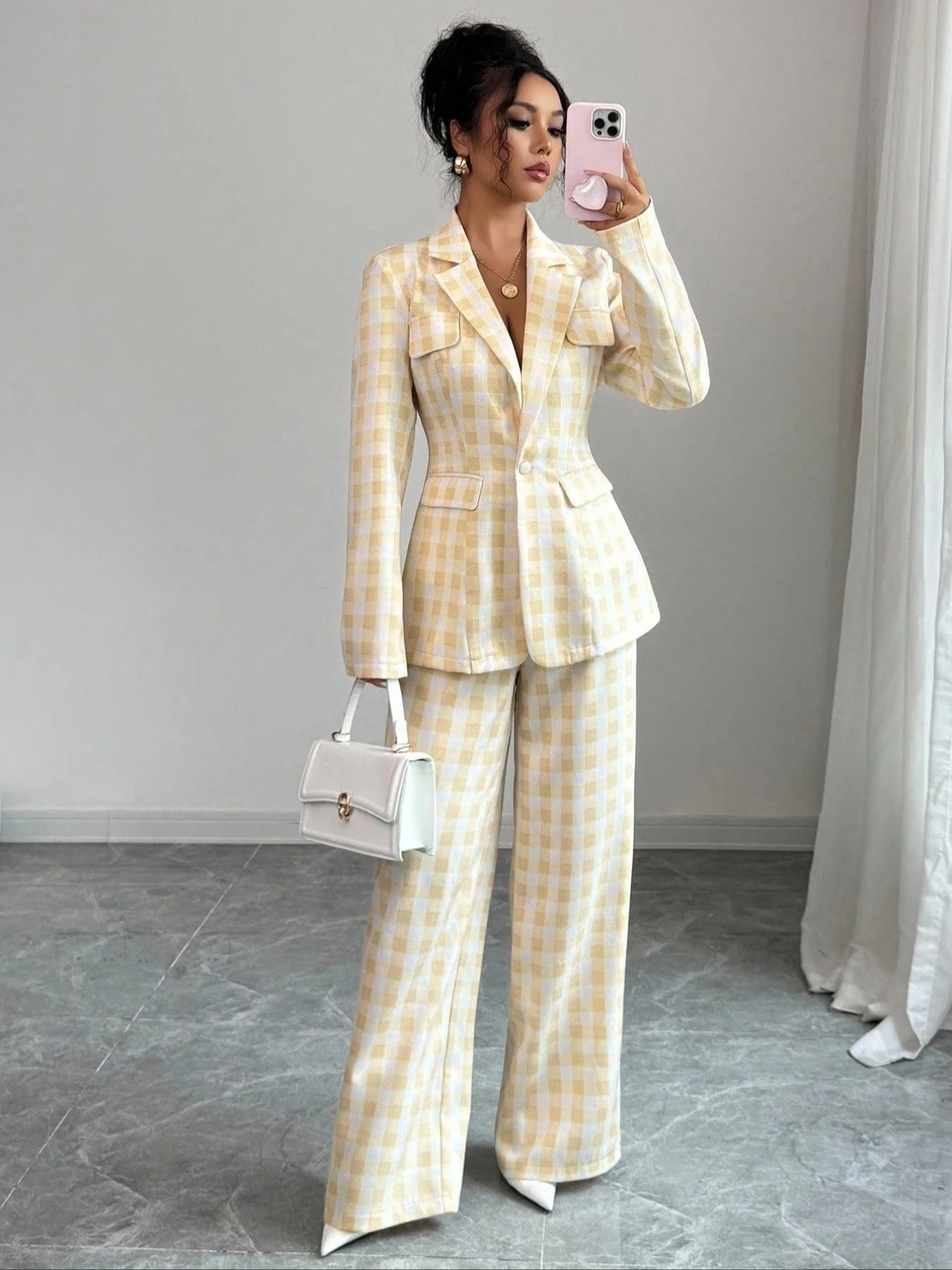 

Женский повседневный деловой костюм из двух предметов, тканая ткань обычного кроя, простой дизайн для осенних и зимних сезонов