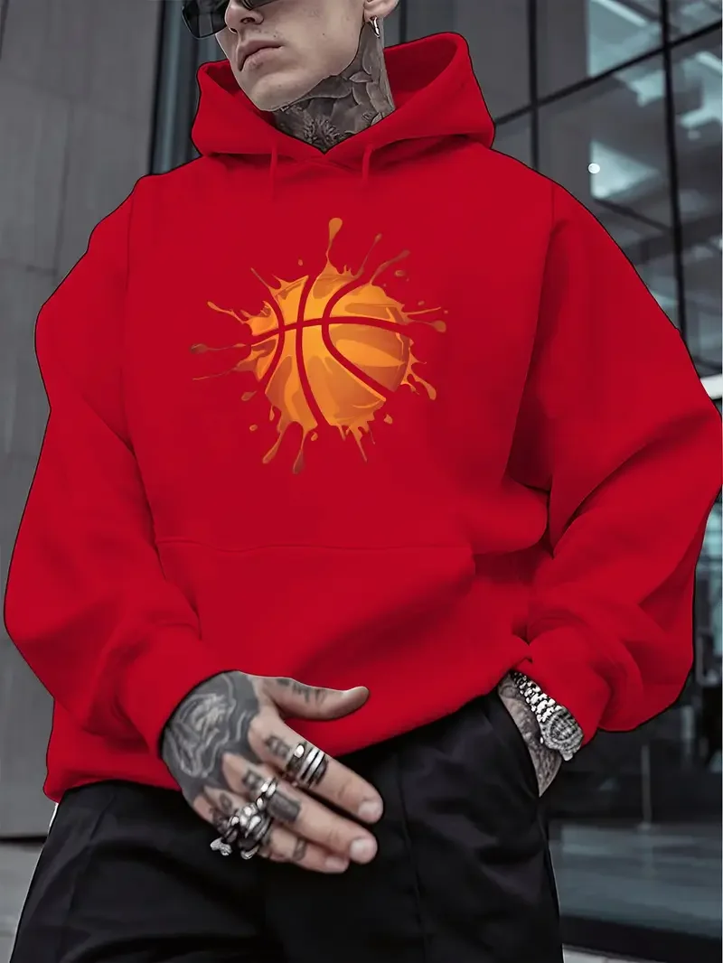 Men's casual hooded sweatshirt - bright red BRO basketball pattern print, long sleeved pullover with front pocket, machine washa