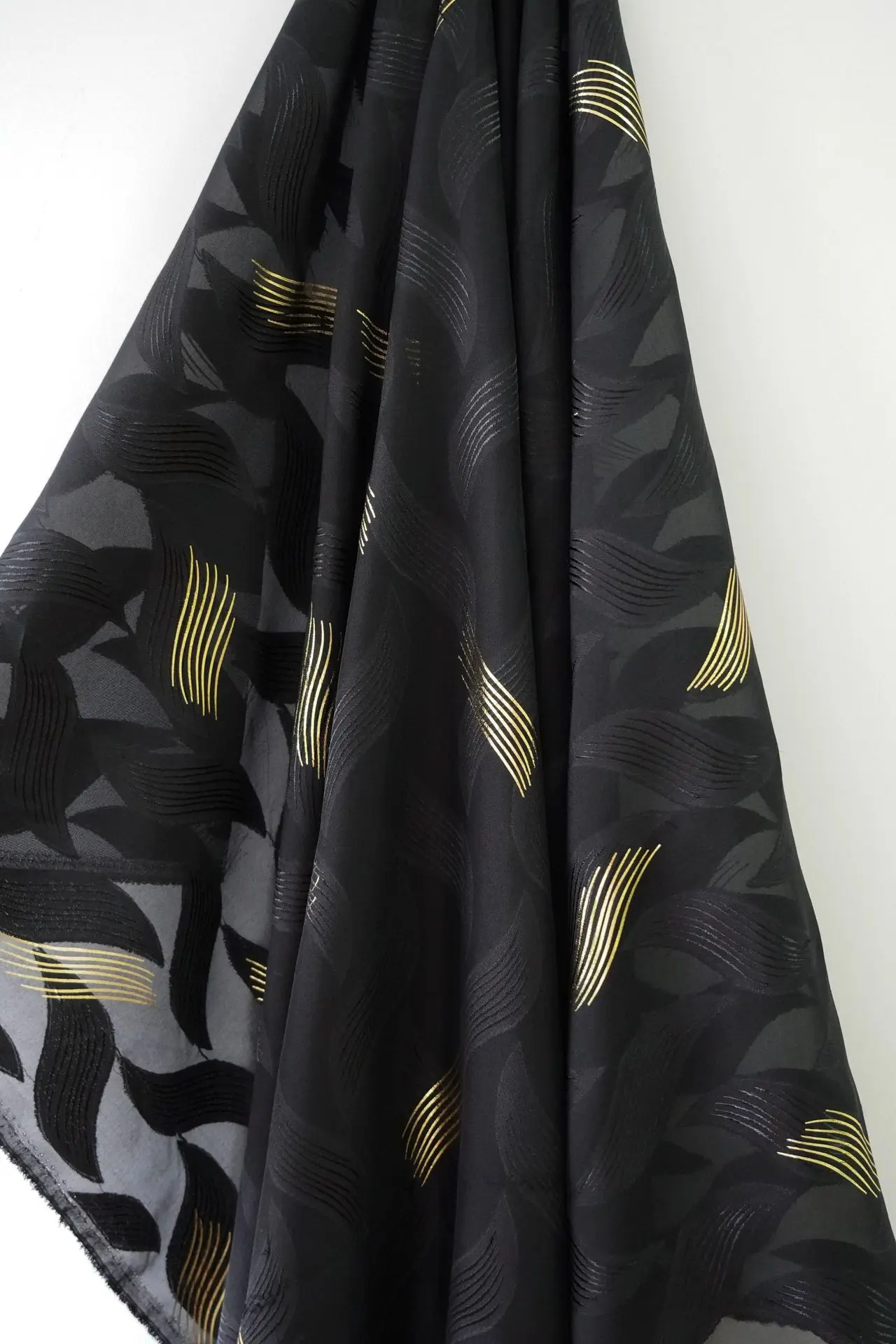 Soft Luxurious Black Chiffon Fabric with Intricate Gold Foil Cutouts - Ideal for Designer Clothing and Accessories By The Meter