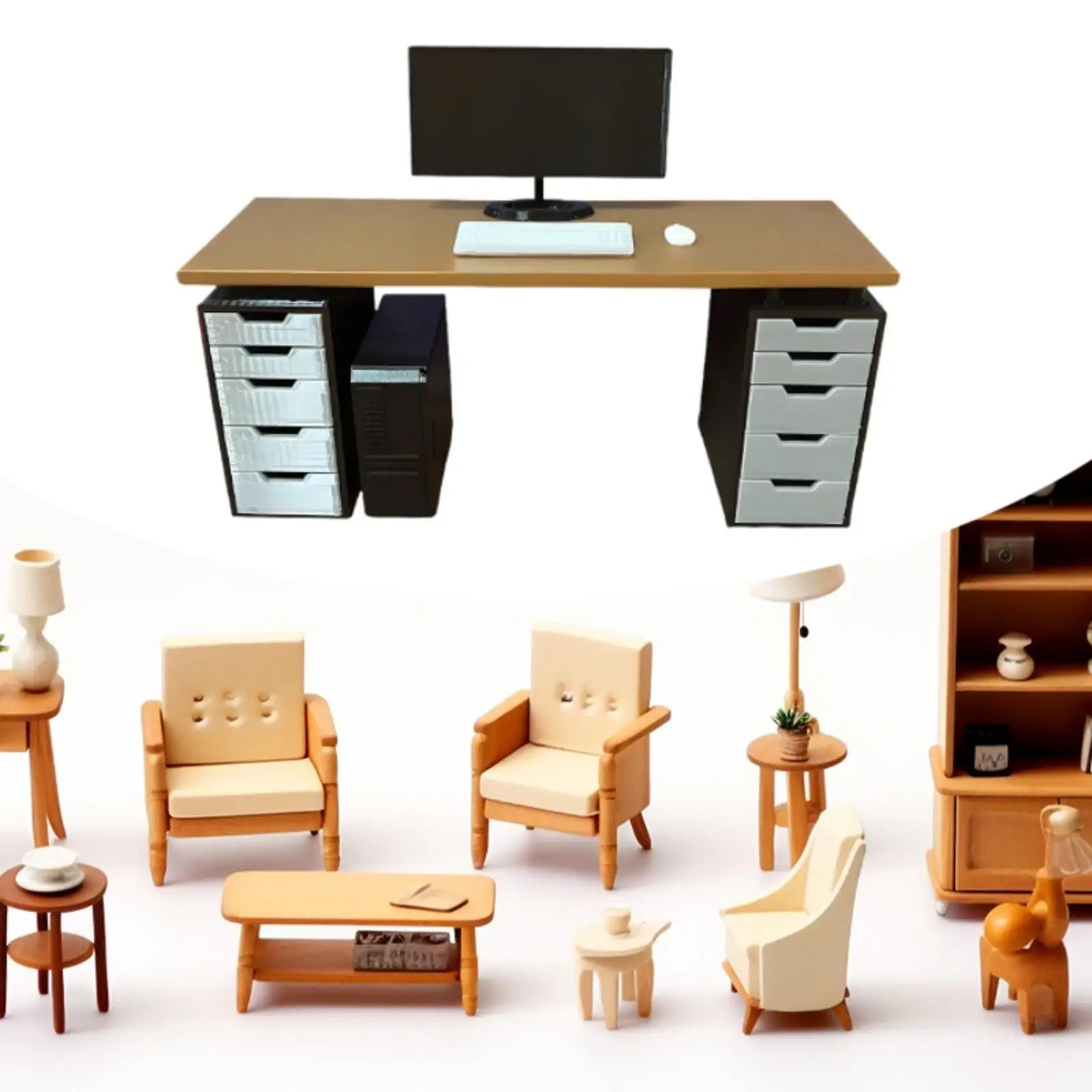 1/12 Miniature Office Furniture Set Ornament Photo Props Pretend Play Desktop Computer Model Simulation Dollhouse Accessories