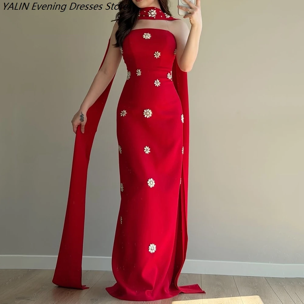 

Women's Straight Evening Dresses Floor-length Strapless Sleeveless Prom Dresses Fashion Crystal Stole Draped Customized Gowns