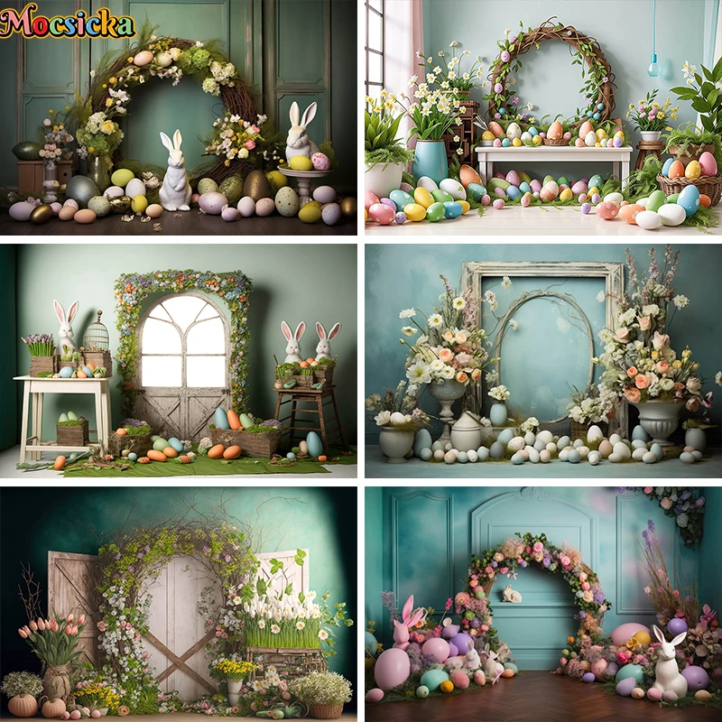 

Mocsicka Photography Background Easter Indoor Arch Wooden Door Egg Rabbit Decor Cake Smash Kids Portrait Backdrop Photo Studio