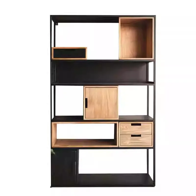 

Modern simple industrial style solid wood wrought iron bookshelf Nordic living room partition rack display rack Office shelf