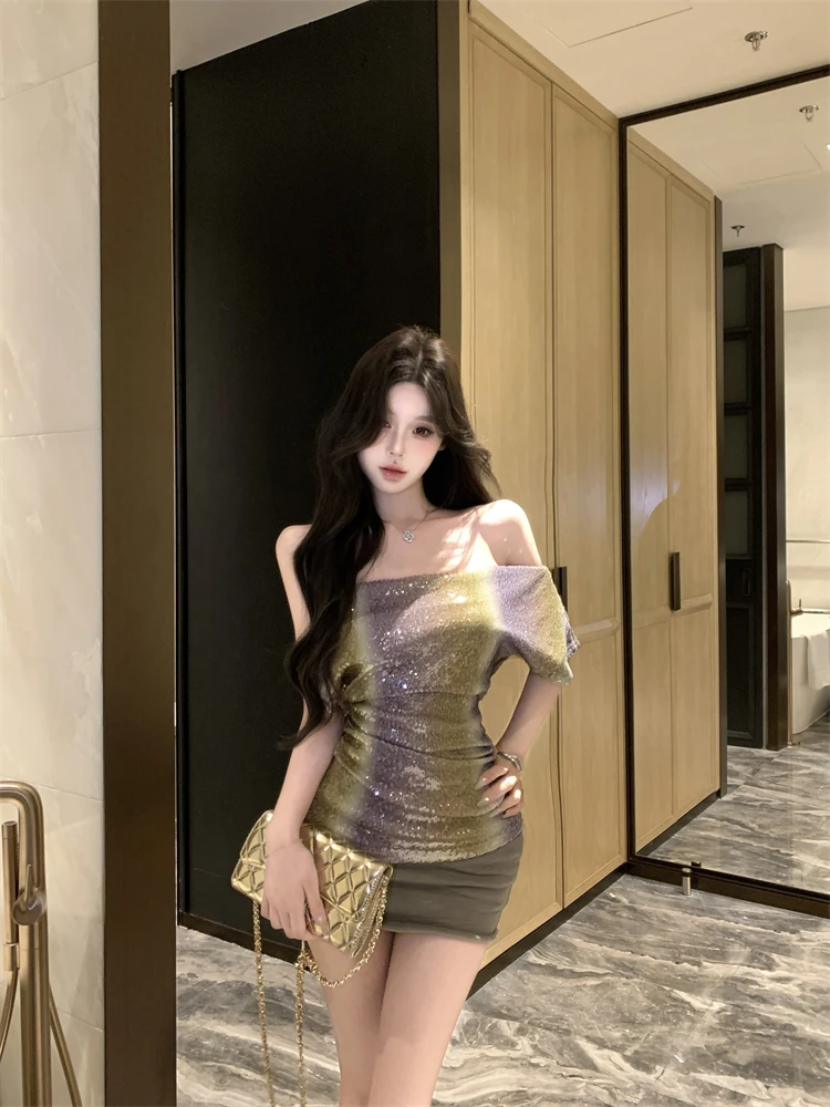 

Gradient sequined one shoulder T-shirt women's summer design niche unique and beautiful slim fit off shoulder top culotte suit