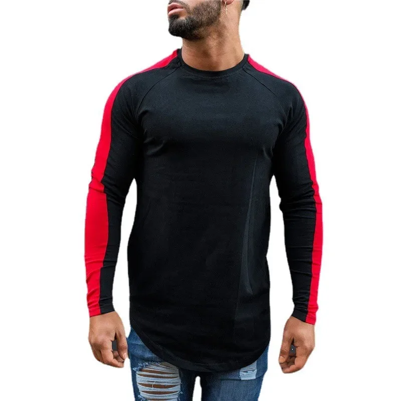 Autumn Fashion Cotton Patchwork Long Sleeve T shirt For Men Spring Solid Casual Sports T-shirt Male Classic Arc hem Tees Tops