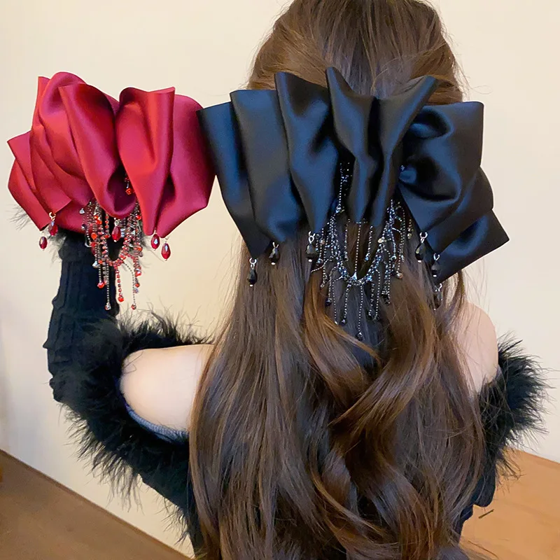 

French Multi-layer Ruffle Ribbon Bow Hair Clip Rhinestones Tassel Spring Elegant Bowknot Hairpins Hair Accessories for Women