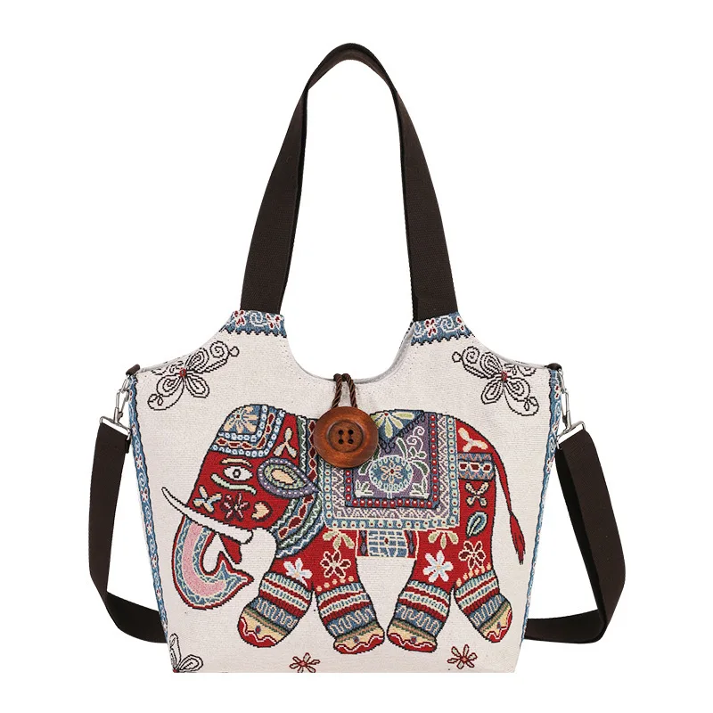 Boho Elephant Jacquard Canvas Tote Bag for Women 2 in 1 Crossbody Shoulder Handbag Large Shopper Bag for Vacation Daily Use