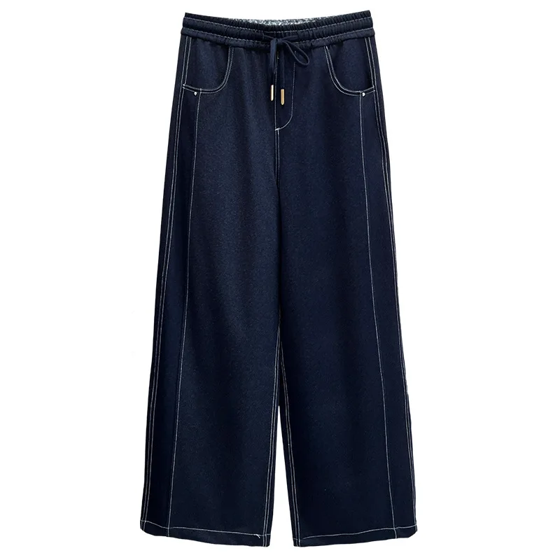 กางเกงยีนส์แฟชั่นไซส์ใหญ่พิเศษสำหรับผู้หญิง รุ่นใหม่ ฤดูใบไม้ร่วง 2025 สไตล์ลำลอง ทรงตรง มีเชือกผูกเอว รุ่น 26003