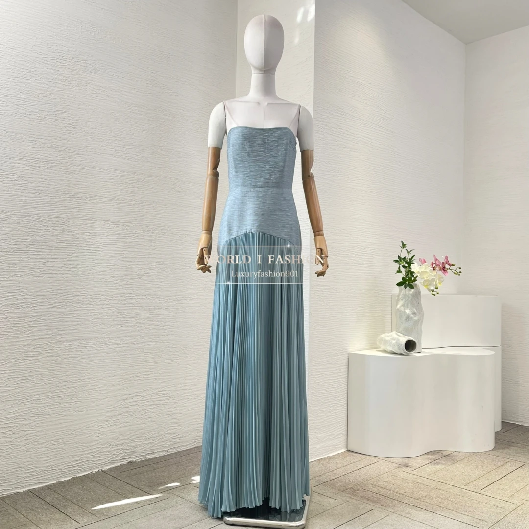 

Blue Tube Sleeveless Long Pleat Maxi Dress 2025 New