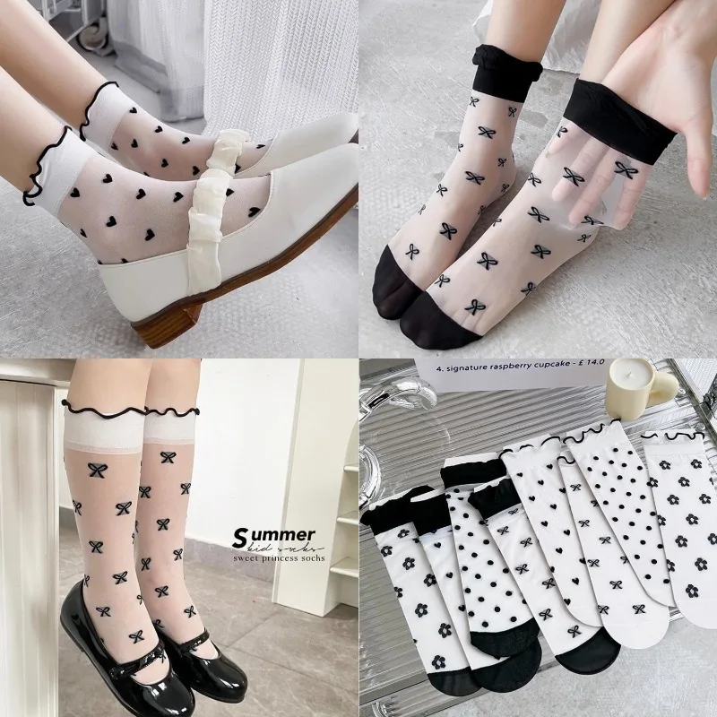 2 Pairs/lot Children's Ice Silk Socks Lace Stockings with Small Heart Pattern，Japanese Style JK Silk Mid-calf Parent-child Socks