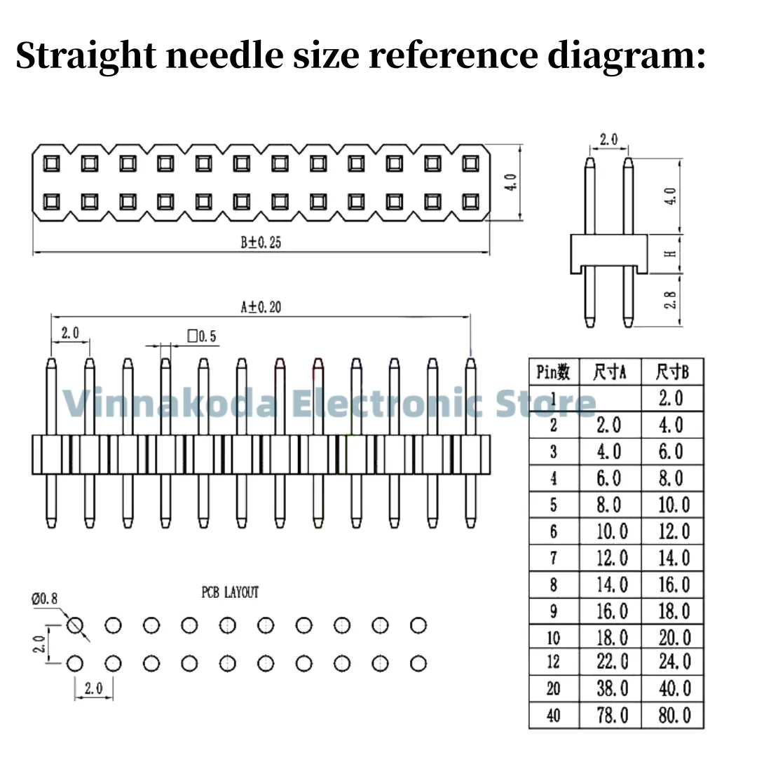 10 Teile/los 90/180 Grad 2,0mm 2X40P Zweireihig Gebogen/gerade Nadel Pin Header Stecker