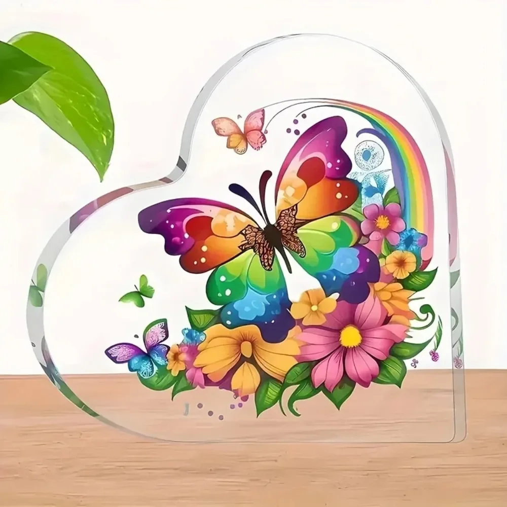 Heart Acrylic Desk Plaque Colorful Rainbow Butterfly Flower, Floral Butterfly Tabletop Decor Gift for Living Room Bedroom Home Decor Gift