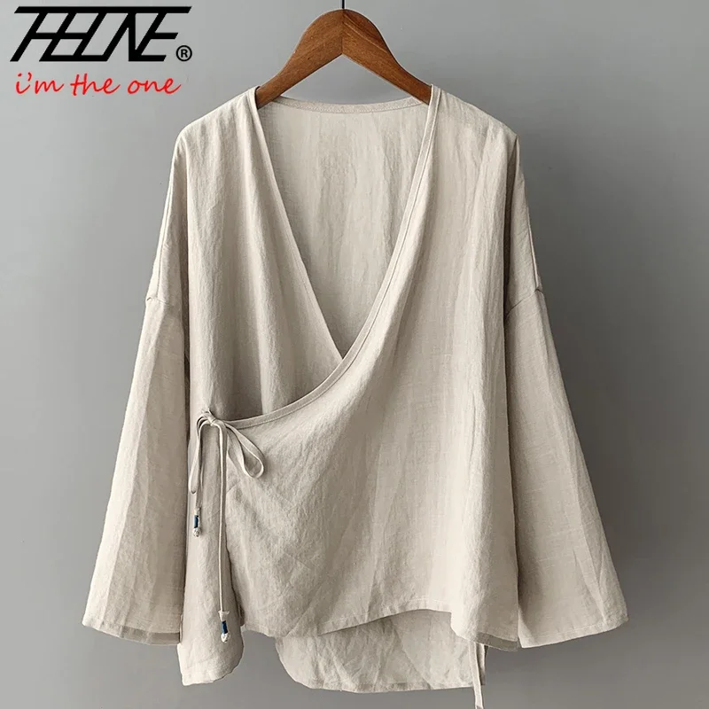 THHONE Fashion Woman Blouse 2024 Autumn Vintage Blusa Mujer Long Sleeve Korean Women's Shirts Cotton Linen Solid Lace-up Camisas